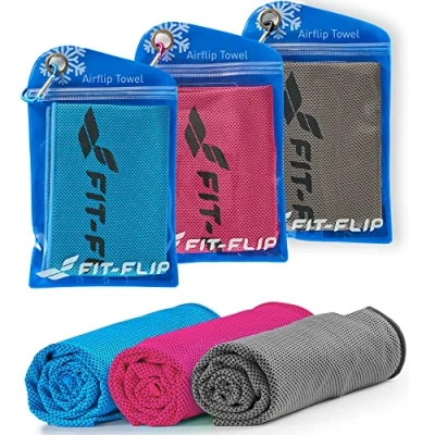 Image of Fit Flip Set of 3 Cooling towel cool down microfibre ice for sport and sweat stay Airflip neck cold yoga fitness (blue/pink/grey, 100x30cm)