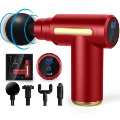 Image of SHAVINGFUN Massage Gun, Mini 6 Speeds, 4 Heads, 1800mAh Battery, Type C Charging, Super Quiet (Red)