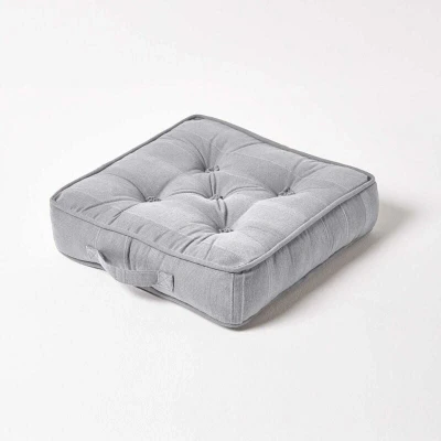 Image of HOMESCAPES Rajput 100% Cotton Floor Cushion Silver Grey 40 x 8 cm Square Indoor Garden Dining Chair Booster Seat Pad