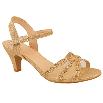 Image of Womens Diamante High Heel Mules Ladies Bridal Wedding Shoes Evening Party Prom Occasion Heeled Strappy Sparkly Dress Sandals Ankle Strap Fashion Heels Rose Gold Glitter