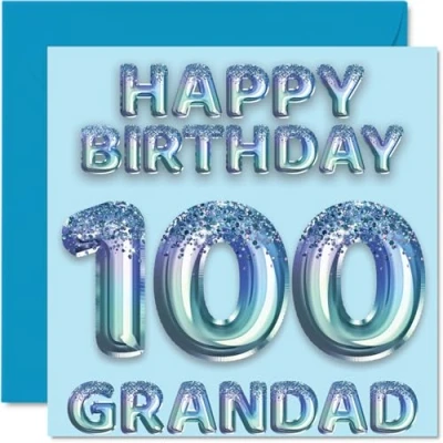 Image of 100th Birthday Card for Grandad Blue Glitter Party Balloons Happy Cards 100 Year Old from Grandson Granddaughter, 145mm x Bday Greeting Gift