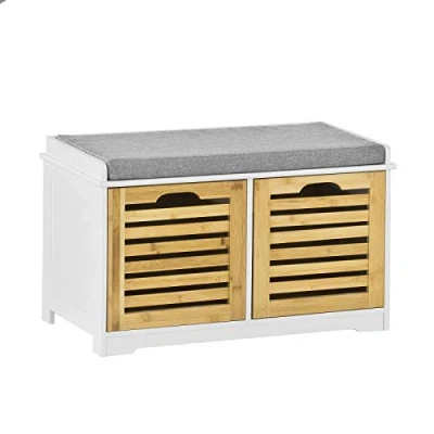 Image of SoBuy Hallway Storage Bench Shoe Cabinet with Seat Cushion and 2 Drawers White Natural W71 x D34 H43cm FSR23 K WN