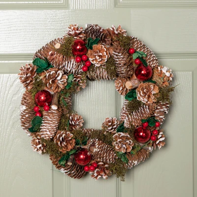 Image of 36cm Hanging Christmas YuleFest Wreath with Red Baubles &amp; Snow Tipped Pine Cones