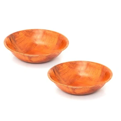 Image of Carousel Home Set Of 2 Round Wooden Woven Bowl Pack Wood Weave Kitchen Fruit Snack Salad Piece Picnic Rustic Serving Dish 25cm