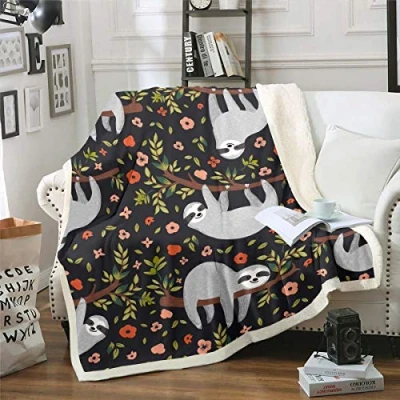 Image of Sloth Fleece Throw Blanket Cartoon Print Sherpa for Kids Boys Girls Botanical Floral Plush Leaves and Branches Fuzzy Sofa Bed Couch Baby 30x40 Inch