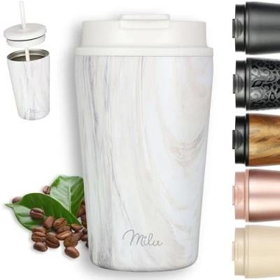 Image of Milu Thermo Mug 400ml 100% Leak Proof Stainless Steel Coffee to go Insulated with Straw Keeps hot for 10h / Cold 20h, BPA Free (Pink Marble, 400ml)