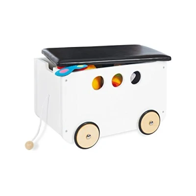 Image of PINOLINO Jim toy box, made of wood and faux leather, with pull cord rubberised wooden wheels, removable lid, from 3 years old, painted white/faux leather black