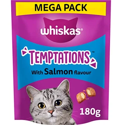 Image of WHISKAS Temptations Tasty, Crunchy Treats for Adult Cats, Small Bite Size Snacks with a Delicious Salmon Flavour Filling, 4x180 g Packets Pack May Vary