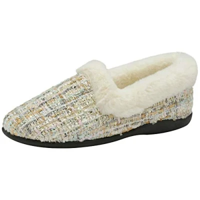 Image of DUNLOP Sandie Ladies Collared Full Slippers Navy Blue (8 UK, Beige Fleck) …