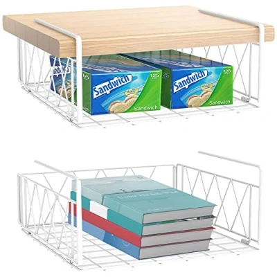 Image of Under Shelf Storage Basket, Hanging Cabinet Basket Organizer, Metal Wire Shelves for Kitchen, Office, Pantry, Bathroom (White, 2pcs)