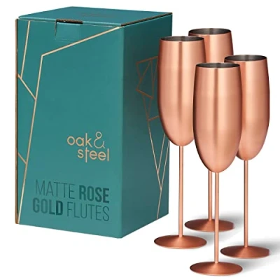 Image of Oak &amp; Steel 4 Stainless Champagne Flutes with Gift Box, 285 ml Matte Rose Gold/Copper Elegant, Solid Unbreakable Outdoor Parties, Picnic, Beach Pool