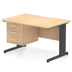 Image of Impulse 1200 x 800mm Scalloped Edge Office Desk Maple Top Black Cable Managed Leg Workstation 1 3 Drawer Fixed Pedestal