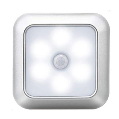 Image of ausuky Wall Night Light Cabinet Closet Bulb Lamp 6 LEDs Motion Sensor Stair Wireless (Silver Frame White Light)