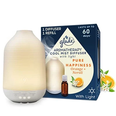 Image of Glade Essential Oil Diffuser Holder &amp; Refill, Cool Mist Aromatherapy Air Freshener for Home, Pure Happiness with Orange + Neroli, 1 17.4ml Refill