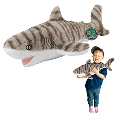 Image of EcoBuddiez Tiger Shark from Deluxebase. Large 53cm Soft Plush Animals made Recycled Plastic Bottles. Eco Friendly Cuddly Gift for Kids and Cute Stuffed Animal Toy Toddlers.