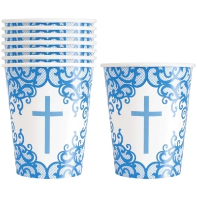 Image of Fancy Blue Cross Paper Cups (255g Unique, Vibrant &amp; Elegant Design Perfect for Parties Celebrations 8ct