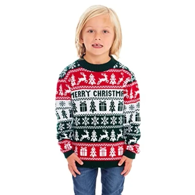 Image of Boys Girls Kids Children Unisex Christmas Xmas Knitted Novelty, Retro, Elf, Football Jumper Sweater (as8, Age, 11_Years, 12_Years, Regular, Merry Kids, 11 12 Years)