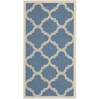 Image of SAFAVIEH Trellis Rug for Indoor &amp; Outdoor Courtyard Collection, Short Pile, in Blue and Beige, 79 X 152 cm