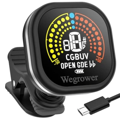 Image of Guitar Tuner Rechargeable, Clip On with LCD Color Display Guitar, Ukulele, Violin and Chromatic Tuning Modes for All Stringed Instruments