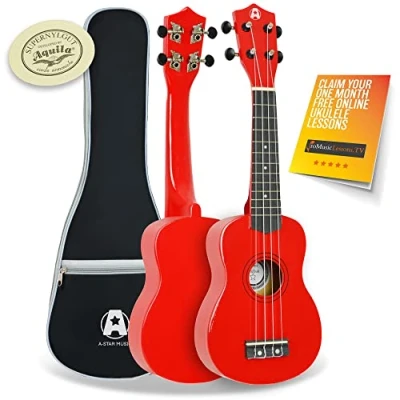 Image of A Star Soprano Beginner Ukulele in Red with Premium Aquila Strings, FREE Padded Bag, Instrument for Adults/Kids 1 Month Online Lessons