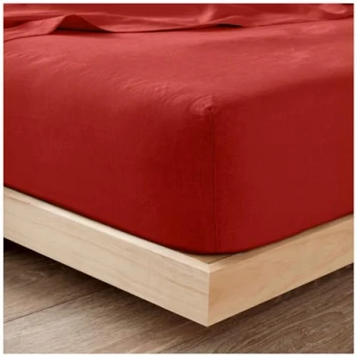 Image of Plain Flannel Fitted Sheet 100% Brushed Cotton Bedding Sheets For Double Bed 25cm Deep Elastic Corner Flannelette Bedsheet &amp; Mattress Thermal (193x137Cm) Red