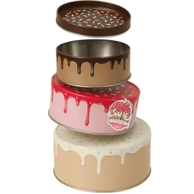 Image of Suck UK Cake Storage Tin Set of 3 Biscuit Tins Kitchen Container Stacking Round Nesting Containers Box Colours Included