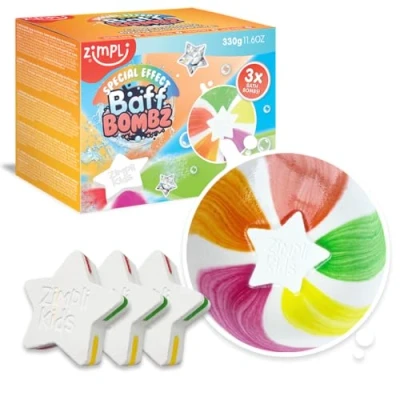 Image of 3 x Large Star Bath Bombs from Zimpli Kids, Special Effect for Children, Handmade Bubble Fizzies Gift Set, Organic, Moisturising, Rainbow Toy, Vegan Friendly and Cruelty Free