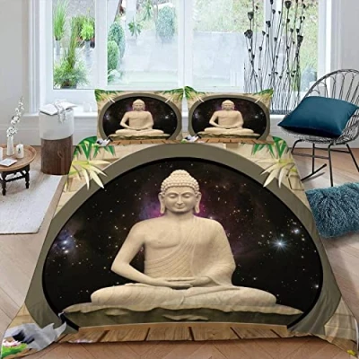 Image of Lolosale Bamboo Buddha Statue Bedding set 3 pieces Duvet Cover Double for Kids Children Teens Adults 3D Printed Zen Soft Microfiber Comforter with Zipper 1 Quilt + 2 Pillowcases