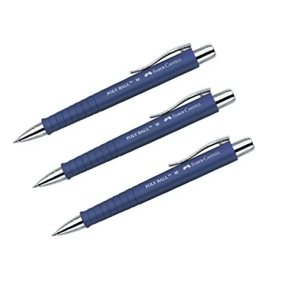 Image of Faber Castell Poly Ball 241151 Blue Retractable Ballpoint Pen with Large Capacity Refill, 0.5 mm M, Ergonomic Triangle Shape, Non Slip Barrel, Metal Clip, Indelible, Pack of 3