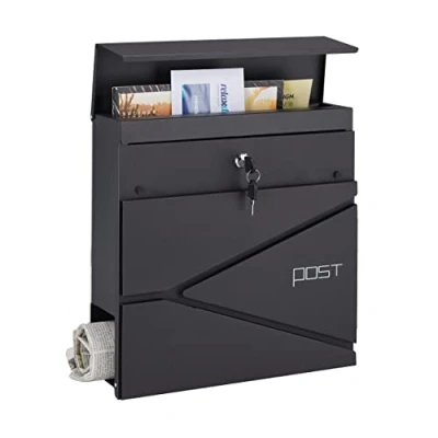 Image of Relaxdays Mailbox with Newspaper Compartment, HWD: 37 x 11 cm, 2 Keys, Steel, Modern Letterbox Pattern, Black, Alloy