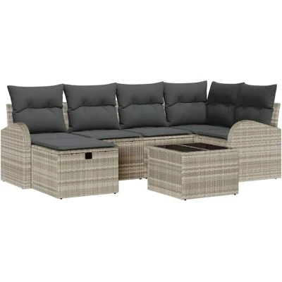 Image of vidaXL 7 Piece Garden Sofa Set with Cushions Light Grey Poly Rattan