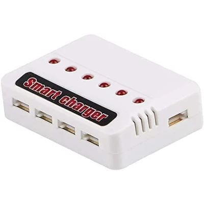 Image of YUNIQUE GREEN CLEAN POWER 6 in 1 USB Charger for Lithium Battery Compatible with Hubsan H107D, Syma X5C, RC Helicopter Overcharge Protection, White, Plastic