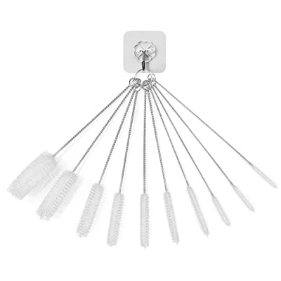 Image of 10pcs Nylon Cleaning Brush Kit, 1pcs Hook, Small Tube Brush, Reusable Bottle Cleaner for Straws, Tubes, Spouts, Baby Bottles (White)
