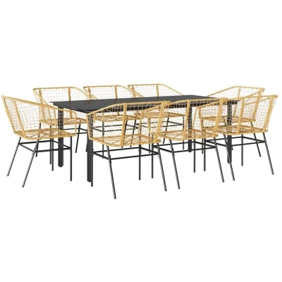 Image of vidaXL 9 Piece Garden Dining Set Brown Poly Rattan Glass