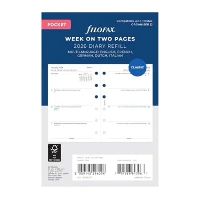 Image of Filofax Pocket week on two pages 5 language 2026 diary 26 68227