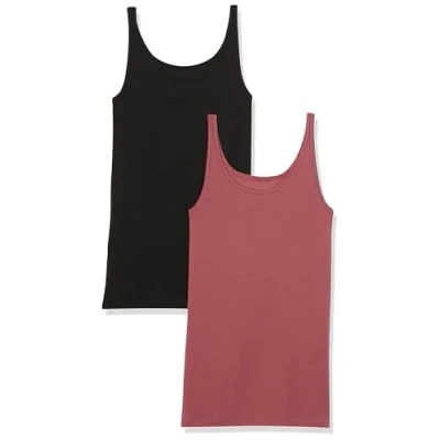 Image of Amazon Essentials Women&#039;s Slim Fit Thin Strap Tank Top, Pack of 2, Black/Plum, S