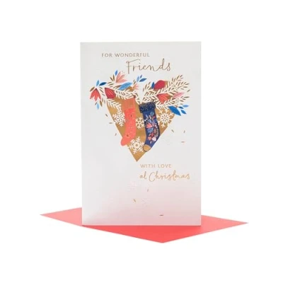 Image of UK Greetings Christmas Card for Friends Stockings &amp; Heart Design