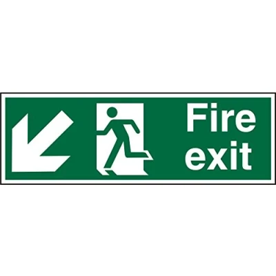 Image of Seco Fire Exit Arrow Pointing Down &amp; Left, Man Running Sign, 450mm x 150mm Self Adhesive Vinyl