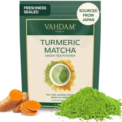 Image of VAHDAM, Japanese Turmeric Matcha Green Tea Powder (100g) Sourced from Japan With Curcumin Pure Premium Indian Delicious Latte Vegan