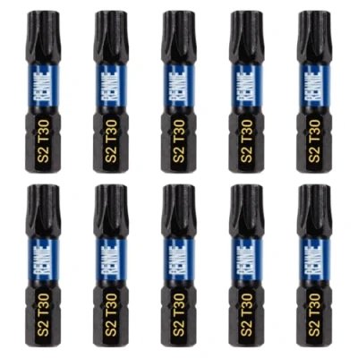 Image of 10 x Rennie Tools 32mm Long T30 TX30 Impact Screwdriver Driver Bits Set. Heavy Duty Magnetic Torx Bit Black Oxide Coated Bits.