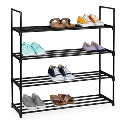 Image of Relaxdays plug rack, metal organiser, shoe storage, 4 tiers for 16 pairs, 91,5 x 90,5 30,5 cm, black, Steel