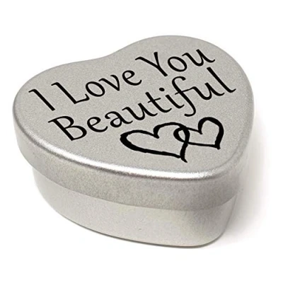 Image of Perfect Way to say I Love You. Beautiful Mini Silver Heart Tin with Sweets, Present Size 45mm x x20mm. (I You Beautiful)