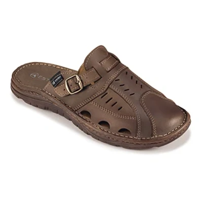 Image of ESTRO Sandals Men&#039;s Leather Mules Genuine Summer Shoes Slippers with Non Slip Rubber Sole S4, brown, 12 UK