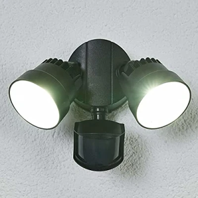 Image of CGC Lighting Black Twin LED Spotlight Floodlight Outdoor Wall Light 2 Head Spot Security PIR Motion Sensor Adjustable (Double Wide Spotlight/Sensor)