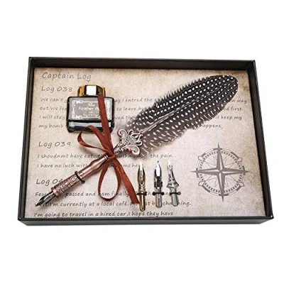 Image of ASHATA Feather Quill Pen Calligraphy Set,Retro Classical Fountain Dip Ink Bottle Set Stationery Gift Box for Birthday Friend,Family Members,Teachers.(White)