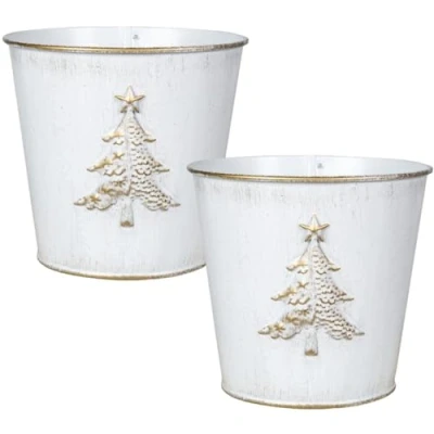 Image of Fyne Finds Metal Christmas Tree Embossed Plant Pot 18cm, 7inch Tin Pail Planter 2.1L Gold White Decor Xmas Gift (2)