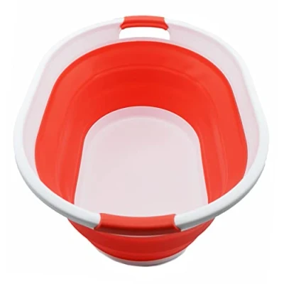 Image of SAMMART 28L Collapsible Plastic Laundry Basket Oval Tub/Basket Foldable Storage Container/Organizer Portable Washing Tub Space Saving Hamper (White/Orange Red)