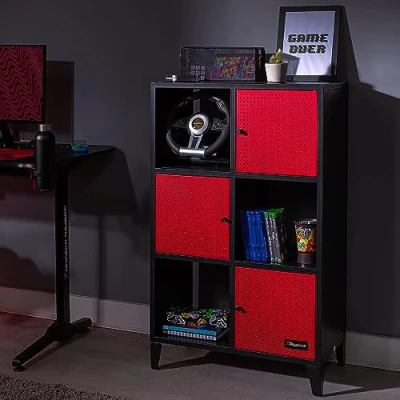 Image of X Rocker Mesh Tek Tall 6 Cube Storage Unit, Bookcase Display Cabinet with 3 Cupboard Doors and Shelves, Metal Sideboard Locker Black &amp; Red