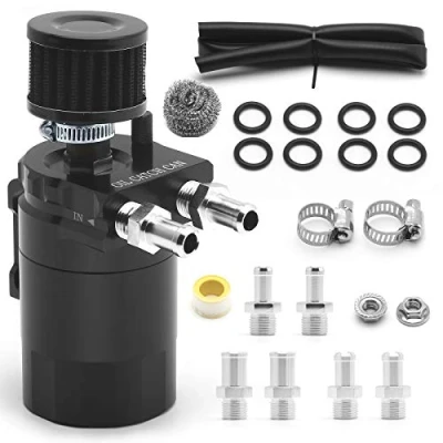 Image of muge racing Universal Oil Catch Can Tank Kit Polish Baffled Reservoir with Breather Filter 3/8&quot; Fuel Line,Aluminum,Black,400ml