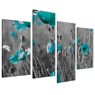 Image of Extra Large Teal Flowers Floral Canvas Wall Art Prints Pictures 4139